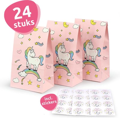 Isa's Friends® Uitdeelzakjes + Stickers - Eenhoorn - 24 stuks - Stevig Papier - Traktatie zakjes