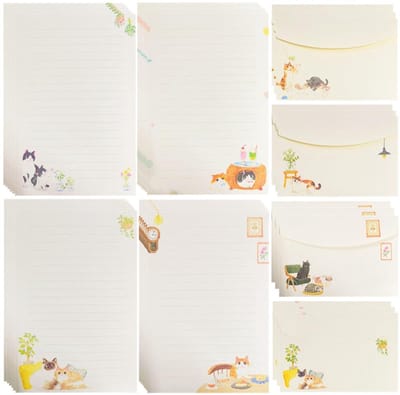 Dailygoods- Briefpapier A5 met Enveloppen - 24 Vellen Schrijfpapier - 12 Enveloppen - Kattenmotieven - Gelinieerd - Scheurvast Papier