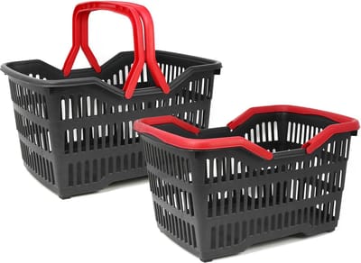 2 x kunststof boodschappenmand met handvat - draagmand voor transport - stevige kunststof mand in zwart/rood - 39,5 x 29 x 22,5 cm (002 stuks - zwart/rood)