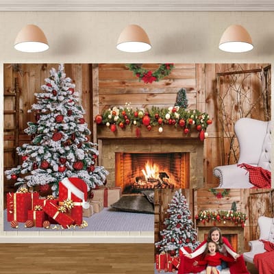 Christmas Fireplace Thema Achtergrond - Vrolijke Kerstmis Avond Foto Achtergrond - Kerstbomen Cadeaus Achtergronden voor Fotografie - Familiefeest Decoratie Benodigdheden (10x8FT(300x240cm))