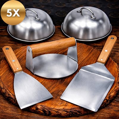 Ultiluxe® Hamburgerset - 5-delig - Burgerpers, spatels, burgerbellen - Barbecue accessoires - Professionele gereedschappen - Van hout en roestvrij staal - Burger maken set met houten handgrepen
