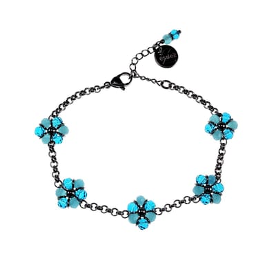 17 tot 20cm Armband Dames - Gepolijst RVS - Zilverkleurig - Ronde Schakelarmband met Turquoise Bloemen - Verstelbaar