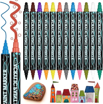 Set van 12 Acrylverf Pennen met Dubbele Punt, Watervast voor Tekeningen op Steen, Hout, Keramiek, Glas en Canvas