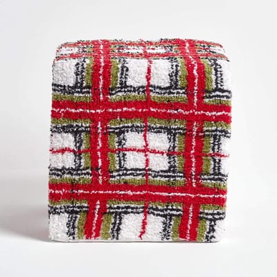 Katoenen Poef - Zitbankje Voetenbank - Ontspannen Zitten - Stevig Schuim Vulling - 36x36x38 cm - Rood Wit