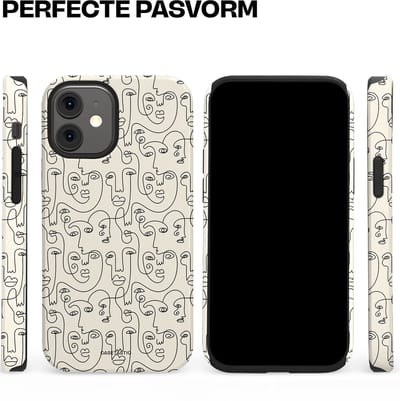 Casetastic hoesje geschikt voor Apple iPhone 12 Mini - Dubbellaagse bescherming - Art Deco Creme Abstractie Lijntekening Gezichten - Fashion Case - Zilver Crème Wit