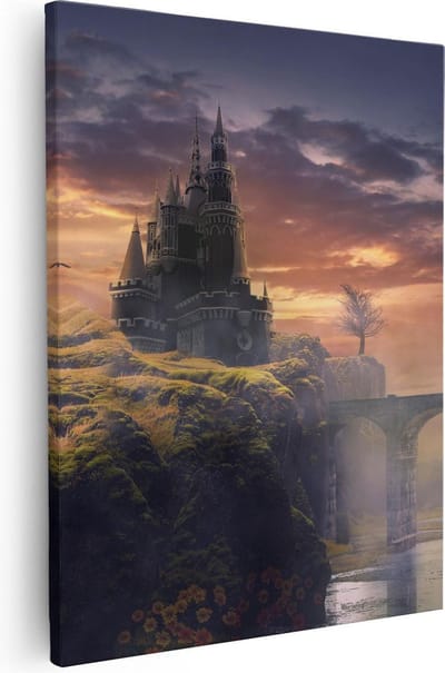 Artaza Canvas Schilderij Kasteel Op Rotsen - 40x50 cm - Muurdecoratie Bergen - Wanddecoratie Vogels - Kamer Accessoires Fantasielandschap