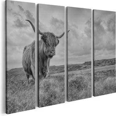 Artaza Canvas Schilderij Vierluik Schotse Hooglander In De Wei - Zwart Wit - 80x60 - Foto Op Canvas - Canvas Print