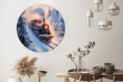 WallCircle - Wandcirkel - Muurcirkel - Kersttrein - Sneeuw - Winter - Kerst - Aluminium - Dibond - 120x120 cm - Binnen en Buiten XXL