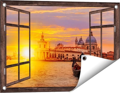 Gards Tuinposter Doorkijk Gondel in Venetië voor het Basiliek - 60x40 cm - Tuindoek - Tuindecoratie - Wanddecoratie buiten - Tuinschilderij