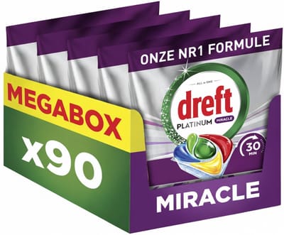 Dreft Platinum Miracle All-In-One - 30 Minute Miracle Vaatwastabletten - Onze Nr. 1 In Hardnekkige Vlekken - Vaatwasreiniger - 90 stuks