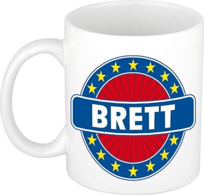 Bellatio Decorations - Brett voornaam - koffiemok - beker - wit/blauw - 300 ml - Cadeau - Heren - Collega - Vaderdag - Verjaardag