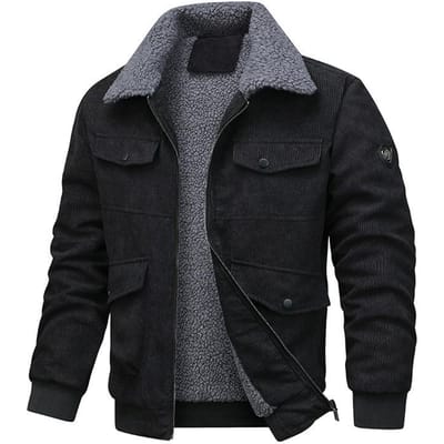 Jas Herfst en Winter Heren Fleece Verdikte Tooling Multi-zak Jas Revers Katoen-gevoerde Jas XXXL zwart
