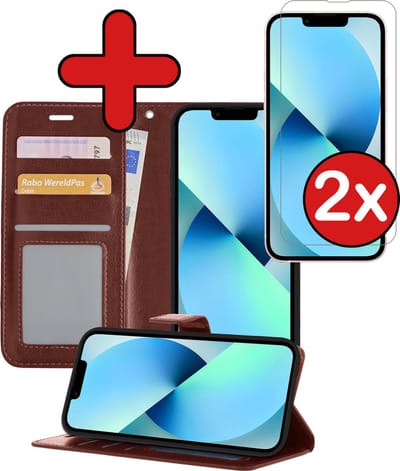 Hoesje - Met 2x Screenprotector - Geschikt voor Apple iPhone 14 - Luxe Pasjeshouder - Flip Case - Bookcase Portemonee - Kunstleer Book Case - Flipcase Hoes - Book Cover - Walletcase - Portemonneehoes - Telefoonhoes - Bruin