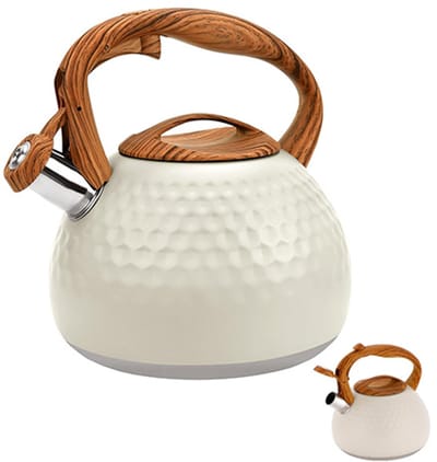 Theepot met grote inhoud - 3L roestvrijstalen theepot - Inductiekookketel - Fluitende waterkoker - Handvat met houtnerf en anti-verbrandingsfunctie - Geschikt voor kokend water, koffie of melk - Gebroken wit