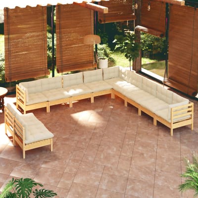 vidaXL - 11-delige - Loungeset - met - crèmekleurige - kussens - grenenhout