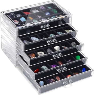 90 Compartimenten Rock Display Case met 5 Laden voor Sieraden, Kristallen en Edelstenen - Transparante Opbergdoos 23.5 x 13.5 x 17 cm