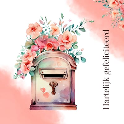 Wenskaart hartelijk gefeliciteerd brievenbus met bloemen – 13x13 cm – gevouwen kaart – inclusief witte envelop – stevig papier – felicitatiekaart