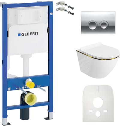 Inbouwreservoir Complete Toiletset Geberit Duofix Basic - Inbouw WC Hangtoilet Wandcloset SOFI SLIM Goud Lijn/Wit Hoogglans - Bedieningsplaat DELTA Chroom Rund - Voorwandelement - Installatiesysteem