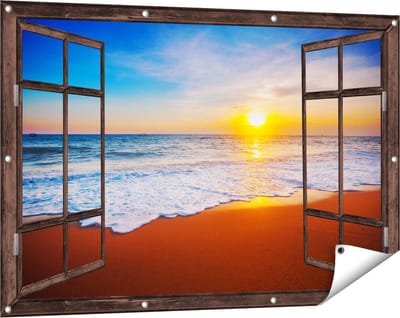 Gards Tuinposter Doorkijk Strand en Zee tijdens Zonsondergang - 120x80 cm - Tuindoek - Tuindecoratie - Wanddecoratie buiten - Tuinschilderij