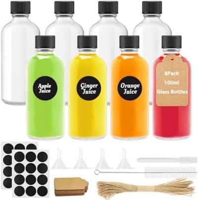 PromoHome 8 stuks Glazen Mini Flessen Set met Deksels - 100ml Herbruikbare Vaatwasserbestendige Flessen met Trechter, Etiketten en Pen voor Dranken, Etherische Oliën en Wellness Shots