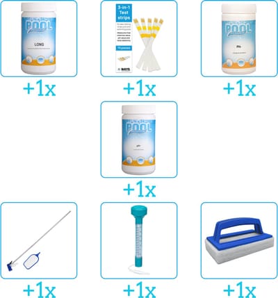 Zwembad Onderhoudspakket - Onderhoud Zwembad - bevat Chloor - Testrips - PH-min - PH-plus - Schoonmaakset - Thermometer en Scrubborstel (7-delig)