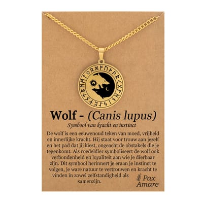 Wolf Yin Yang Ketting op Cadeau Kaartje Goudkleurig - Spirituele Talisman - Roestvrij Staal / Stainless Steel - Natuur & Balans - 60cm - Pax Amare