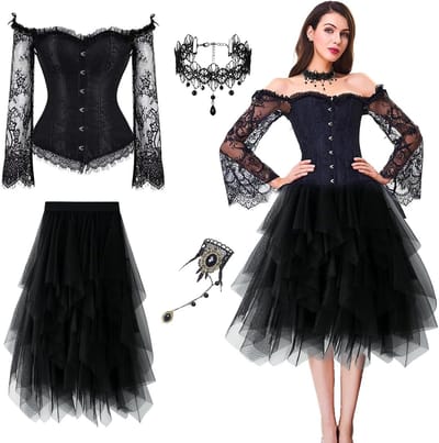 Gothic Vintage Corset Top voor Dames met Schoudermouwen en Tulle Rok - Piratenkostuum voor Carnaval en Cosplay met Gothic Sieraden en Taille Corset