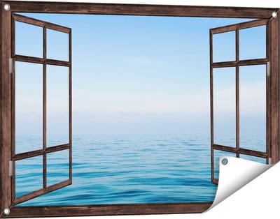 Gards Tuinposter Doorkijk Zee met een Blauw Hemel Achtergrond - 90x60 cm - Tuindoek - Tuindecoratie - Wanddecoratie buiten - Tuinschilderij