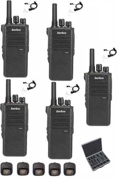 Set van 5 Inrico T522A IP66 4G LTE POC Zello Portofoon K1 2-Pins met beveiliging oortje en koffer