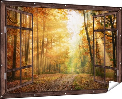 Gards Tuinposter Doorkijk Herfstbos met Zonneschijn - 180x120 cm - Tuindoek - Tuindecoratie - Wanddecoratie buiten - Tuinschilderij
