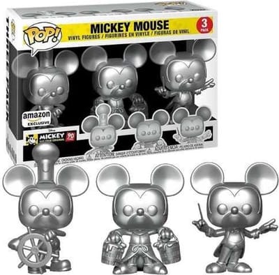 Funko Pop! Disney - Mickey Mouse (Steamboat WIllie / Apprentice / Conductor) Silver 3-Pack Amazon Exclusive
