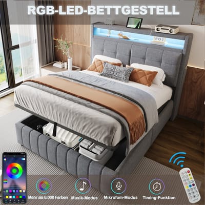 140x200 cm gestoffeerd bed - met LED-verlichting en USB-aansluiting - met opbergruimte - met scheidingsvak - grijs - zonder matras