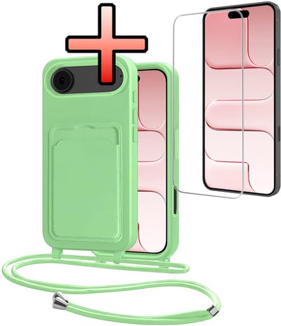 Hoes Geschikt voor iPhone Air Hoesje Pasjeshouder Cover Met Koord Case Siliconen Hoes Met Telefoonkoord en Kaarthouder Met Screenprotector - Groen