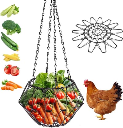 Hangvoerbak voor Kippen en Groenten, 40 cm, Opvouwbaar, IJzer, Voederaccessoires, Kippenvoer, Tuinaccessoires met 4 Kettingen voor Hangend Gebruik, Geschikt voor Eenden en Ganzen