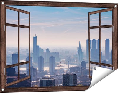 Gards Tuinposter Doorkijk Rotterdamse Skyline - 90x60 cm - Tuindoek - Tuindecoratie - Wanddecoratie buiten - Tuinschilderij