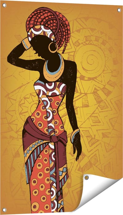 Gards Tuinposter Getekende Afrikaanse Vrouw - Abstract - 60x90 cm - Tuindoek - Tuindecoratie - Wanddecoratie buiten - Tuinschilderij