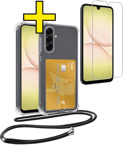 Hoesje Geschikt voor Samsung A17 Telefoonhoesje Met Koord Case Pashouder Met Screenprotector Siliconen - Hoes Geschikt voor Samsung Galaxy A17 Hoesje Met Kaarthouder - Transparant