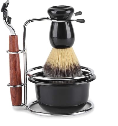 Dailygoods- Scheerkwastenset 4 Stuks - Houten Scheermes - Roestvrijstalen Standaardhouder - Scheerkom - Dassenhaar Borstel - Comfortabel Handgevoel - Scheerset