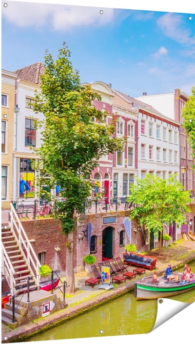 Gards Tuinposter Huisjes aan de Oudegracht in Utrecht - 100x150 cm - Tuindoek - Tuindecoratie - Wanddecoratie buiten - Tuinschilderij