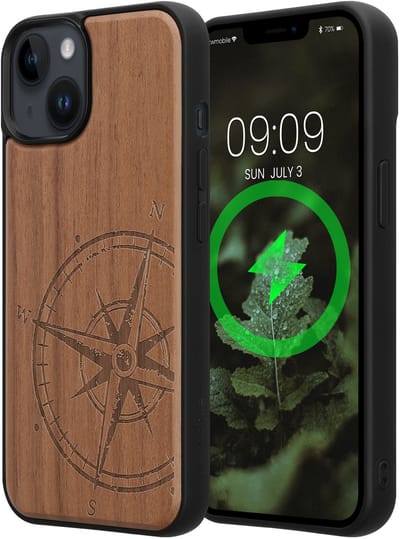 kwmobile Echt Houten Beschermhoes voor Apple iPhone 14 – Hout & TPU Cover – hout Vintage Kompas design