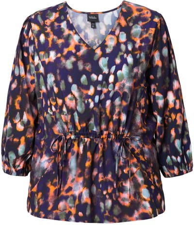Ulla Popken - Dames - Blouse motief rimpelband V-hals 3/4-mouw - Marine - Maat 46+