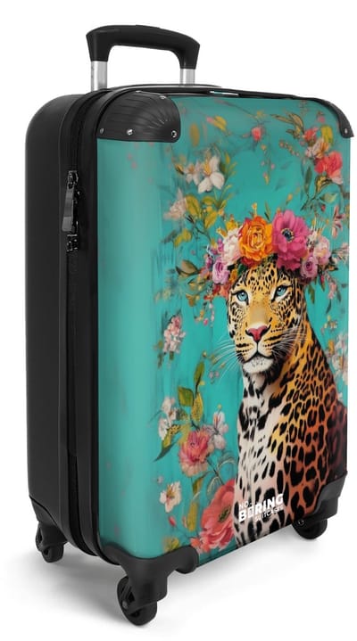 NoBoringSuitcases.com® - Handbagage koffer lichtgewicht - Reiskoffer trolley voor reizen - Turquoise - Luipaard met bloemenkroon - Cabine rolkoffer met wieltjes - Travel luggage - Hardcase valies klein - Past binnen 55x40x20 en 55x35x25