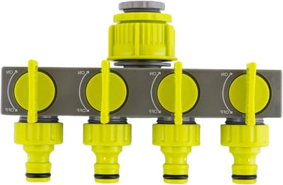 Dailygoods - 4-weg kraanadapter, slangaansluiting voor buiten, tuin en keuken, slangverdeler met onafhankelijke in- en uitventielen, multifunctionele irrigatie, sterke afdichting, geel