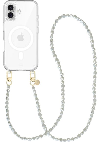 xoxo Wildhearts magnetisch hoesje geschikt voor iPhone 17 MagSafe - Pearlfection - Transparant telefoonhoesje met koord - Telefoonkoord met parels - Parelketting - Lang koord
