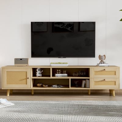 Sweiko 160cm Houten Rotan TV Kabinet voor 70-inch TV Kabel Management, 2 lades, 1 deur, TV Kabinet, Base Kabinet voor Woonkamer, TV lowboards