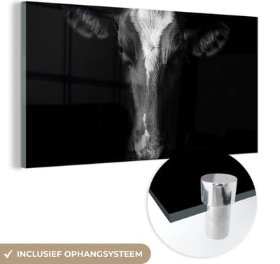 MuchoWow® Glasschilderij 40x20 cm - Schilderij acrylglas - Koe - Dieren - Zwart - Foto op glas - Schilderijen