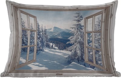 Buitenkussens - Tuin - Doorkijk - Winter - Landschap - Natuur - Berg - Bomen - Wit - 50x30 cm