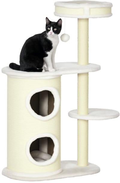 Merax Krabpaal – Kratztonne – Kattenboom met Speelbal en Ligbed – Cremewit – 59 x 35 x 100 cm