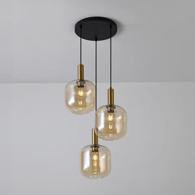 Lusenz - Hanglamp eettafel - 3 lichts Amber glas - Design hanglamp - E27 Fitting - Dimbaar - Zwart - Voor Eetkamer, gang, woonkamer, slaapkamer - Hoogte verstelbaar - Moderne hanglamp