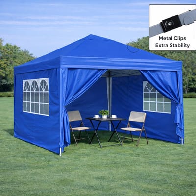 Opvouwbare partytent 3 x 3 m, waterdicht, stabiel en winterbestendig, met 4 zijwanden en 4 zandzakken, UV-bescherming 50+, opvouwbaar, ideaal voor tuin, feest en kamperen, stalen frame (blauw)